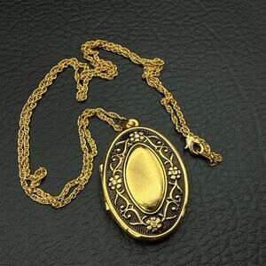 Photo Locket Pendant Necklace Reversible Oval Floral Crystal Gold Tone 24" Chain